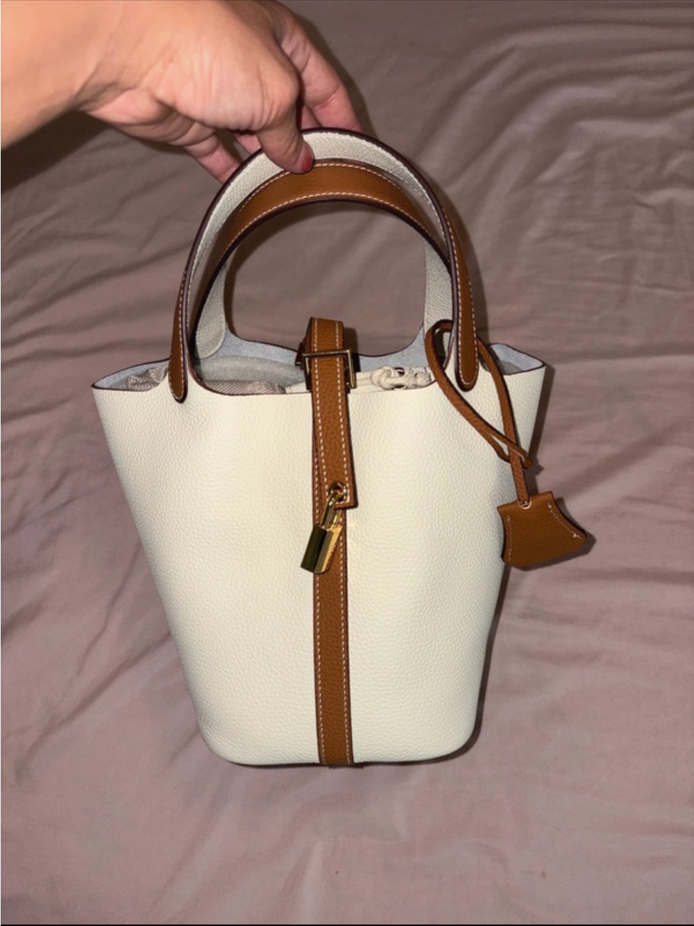 Cream and Tan Leather Mini Tote Bag - Structured Women’s Handbag
